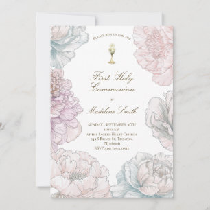first communion pastel colours peonies  invitation