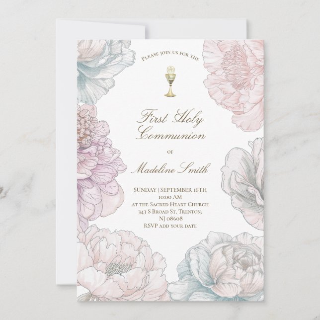 first communion pastel colours peonies  invitation (Front)
