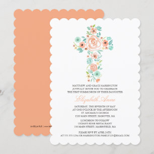 First Communion Peach Watercolor Floral Cross Invitation