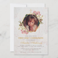 First Communion Photo Gold Marble Pink Orchids