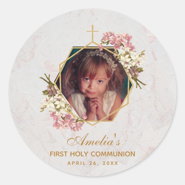 First Communion Photo Gold Pink Orchids Marble Classic Round Sticker (Front)
