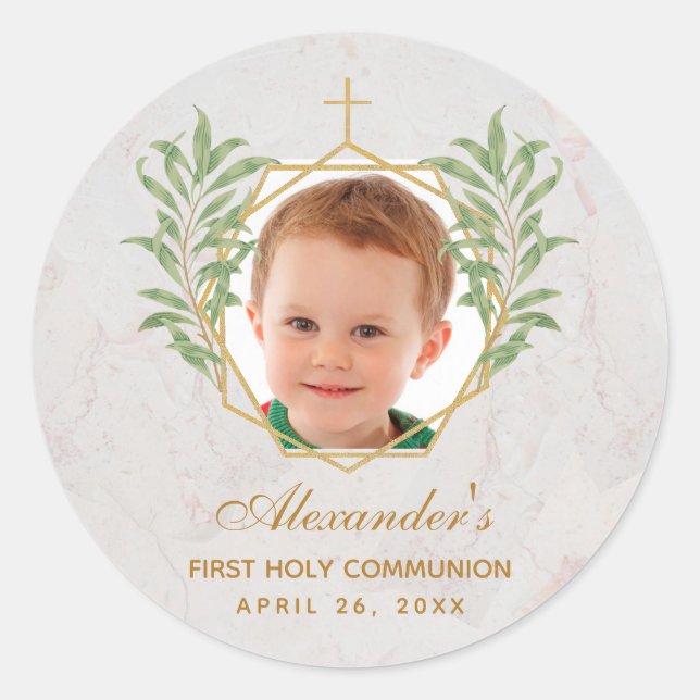 First Communion Photo Greenery Botanical Geometric Classic Round Sticker (Front)