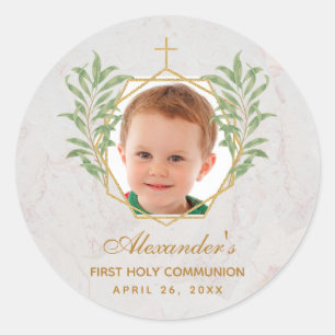 First Communion Photo Greenery Botanical Geometric Classic Round Sticker