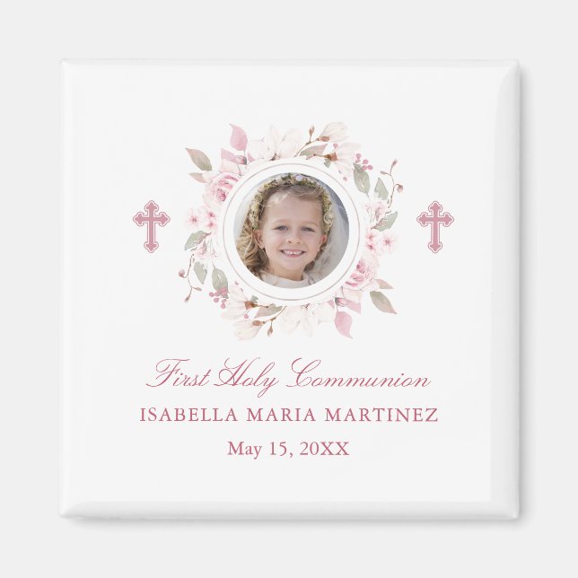 First Communion Photo Pink Flower Cross Favour Magnet (Front)