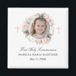 First Communion Photo Rose Flower Cross Favour Magnet<br><div class="desc">Personalised magnets make great First Communion favours. A pretty pink rose floral wreath with a pink cross in the centre creates a feminine and religious design. Perfect for a Christian or Catholic ceremony. Three lines of text below the wreath let you add your custom message. I chose First Holy Communion,...</div>