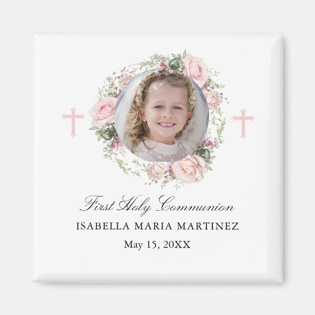 First Communion Photo Rose Flower Cross Favour Magnet (Front)