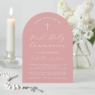 First Communion Pink Arch Dusty Rose Simple Girl  Invitation
