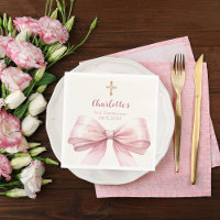 First Communion pink bow cream cross luncheon