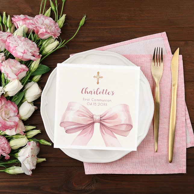 First Communion pink bow cream cross luncheon Napkin (Creator Uploaded)