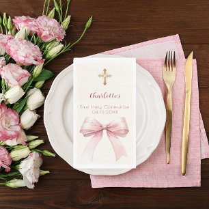 First Communion pink bow cream cross Napkin