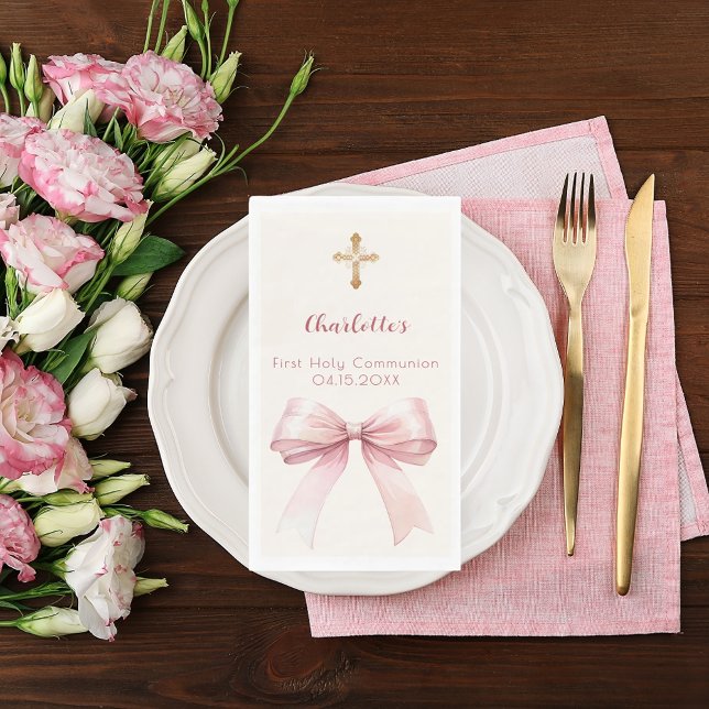 First Communion pink bow cream cross Napkin (Creator Uploaded)