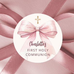 First Communion pink bow girl cream cross Classic Round Sticker