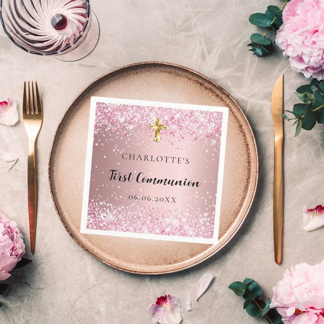First Communion pink confetti name girl Napkin (Creator Uploaded)