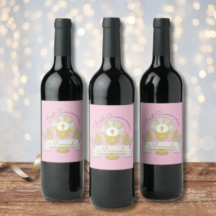 First communion, pink first communion wine label