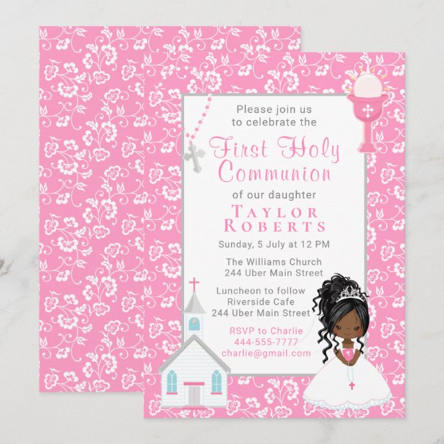 First Communion Pink Floral Black Hair Skin Girl I Invitation (Front/Back)