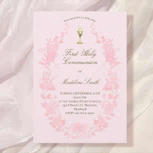 first communion pink floral frame invitation
