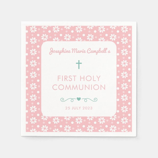 First Communion Pink Floral Girl Religious Baptism Napkin (Front)