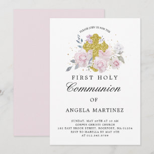 First Communion Pink Floral Gold Cross Invitation