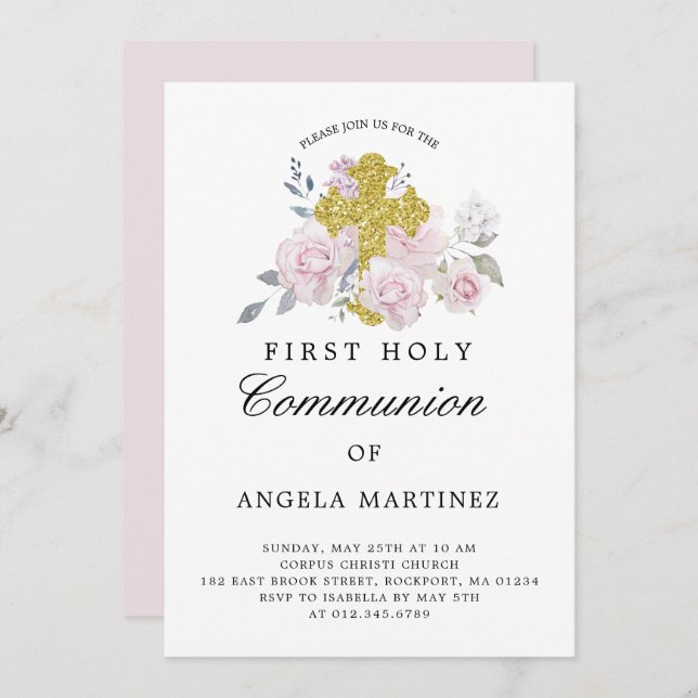First Communion Pink Floral Gold Cross Invitation (Front/Back)