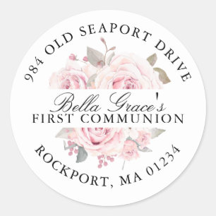 First Communion Pink Floral Return Address Label