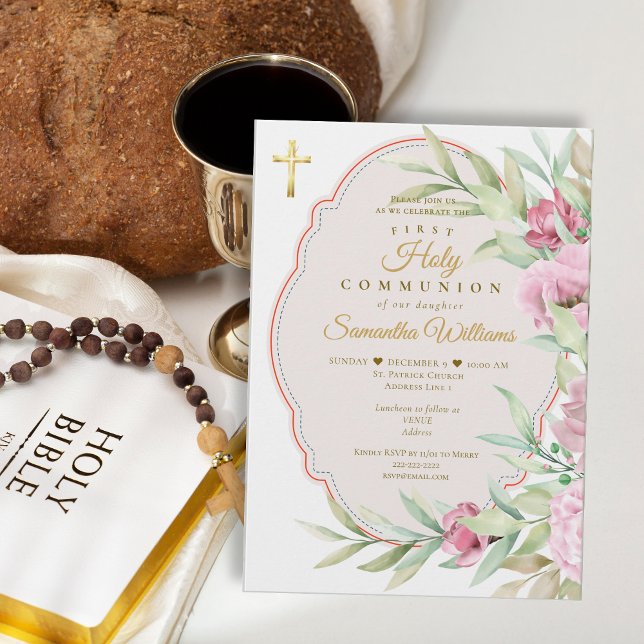 First Communion Pink Floral Watercolor Gold Cross Invitation (Girl First Communion Elegant Pink Floral Watercolor Gold Cross Invitation)