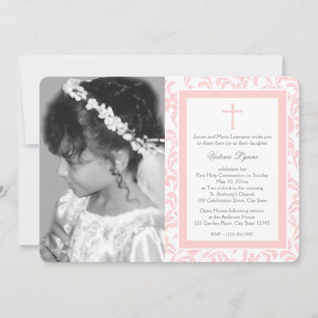 First Communion Pink Floral with Photo Invitation (Front)
