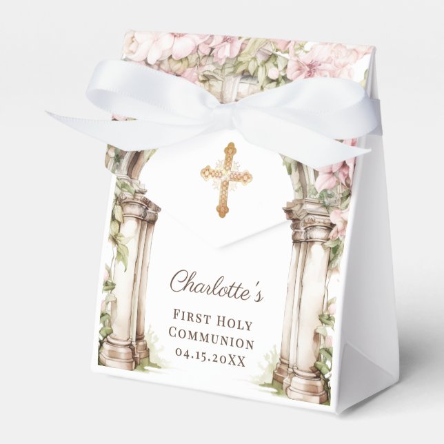 First Communion Pink Florals Arch Cross Favour Box (Front Side)