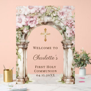 First Communion Pink Florals Arch Cross Welcome Acrylic Sign