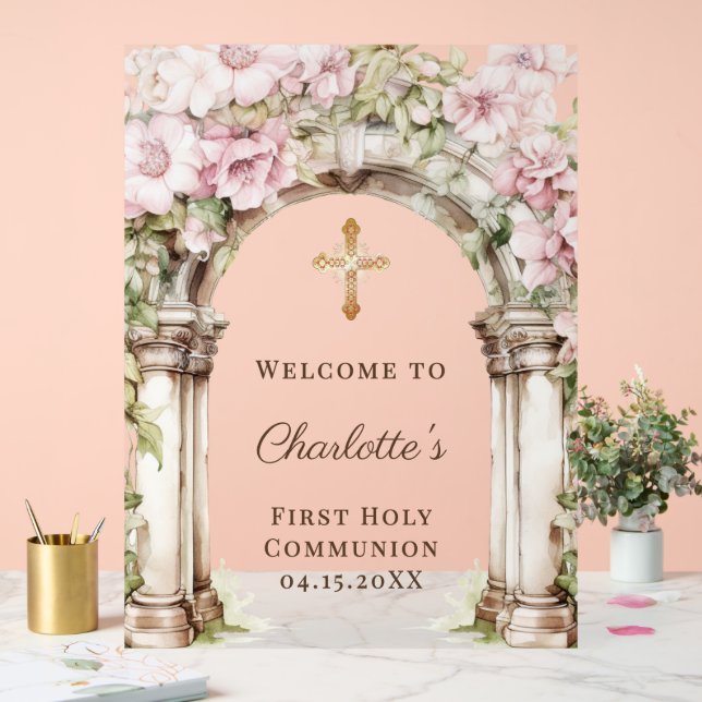 First Communion Pink Florals Arch Cross Welcome Acrylic Sign (Wedding)