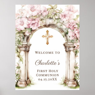 First Communion Pink Florals Arch Cross Welcome Poster