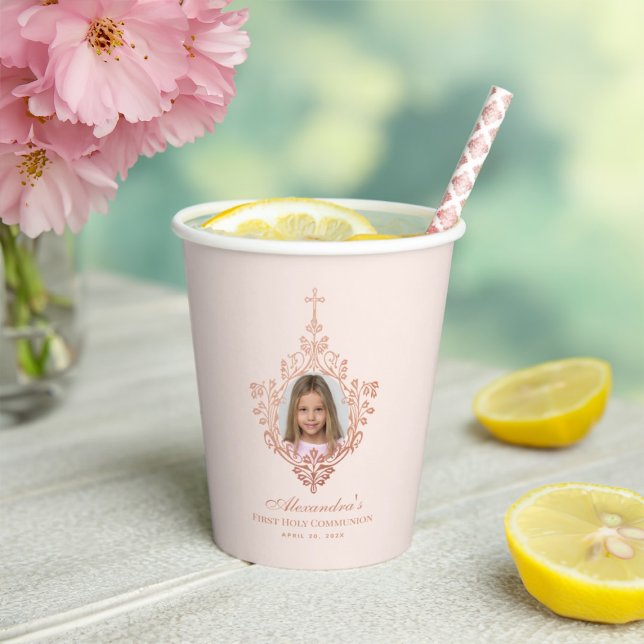 First Communion Pink Girl Photo Rose Gold Cross Paper Cups (Creator Uploaded)