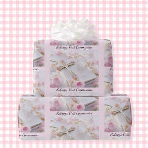 First Communion Pink Girl's Add Name Wrapping Paper