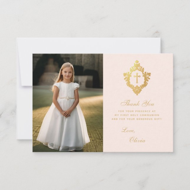 First Communion Pink Gold Elegant Girl Photo Crest Thank You Card (Front)