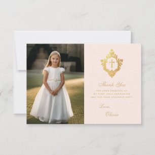 First Communion Pink Gold Elegant Girl Photo Crest Thank You Card