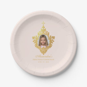 First Communion Pink Gold Girl Photo Vintage Crest Paper Plate
