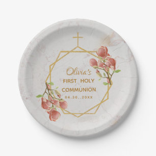 First Communion Pink Magnolia Marble Gold Floral Paper Plate
