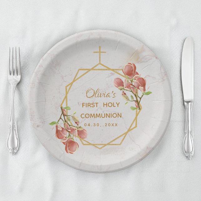 First Communion Pink Magnolia Marble Gold Floral Paper Plate (Creator Uploaded)