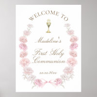First Communion pink peonies welcome