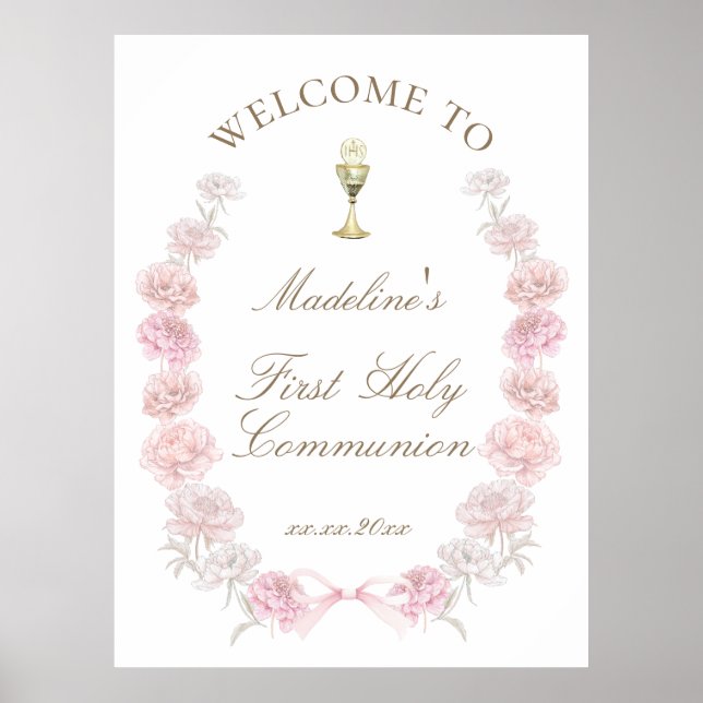 First Communion pink peonies welcome Poster (Front)