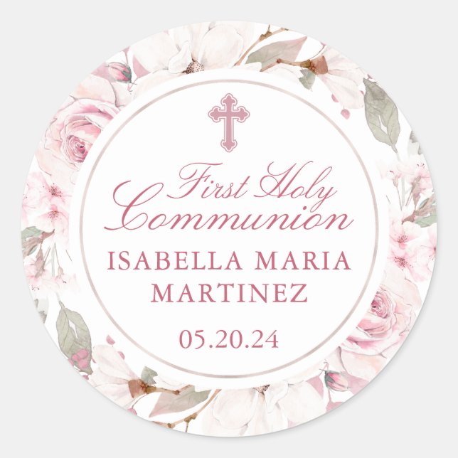 First Communion Pink Rose Cross Envelope Seal (Front)
