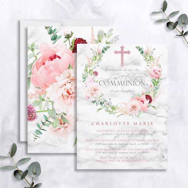 First Communion Pink Rose Floral Marble Cross Girl Invitation (Creator Uploaded)