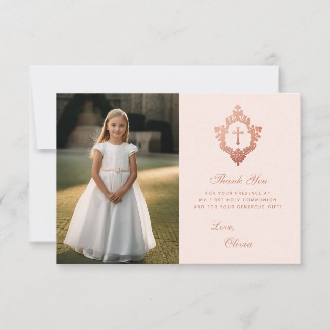 First Communion Pink Rose Gold Crest Girl Photo Thank You Card (Front)