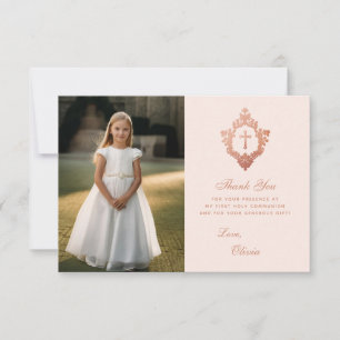 First Communion Pink Rose Gold Crest Girl Photo Thank You Card