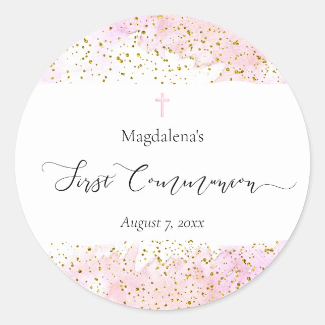 First Communion pink watercolor Classic Round Sticker (Front)