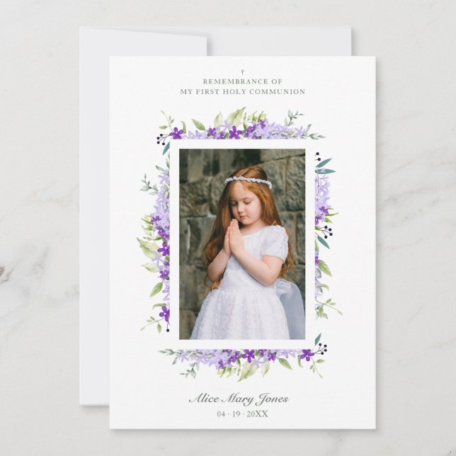 First Communion Purple Botanical Frame Photo Card (Front)