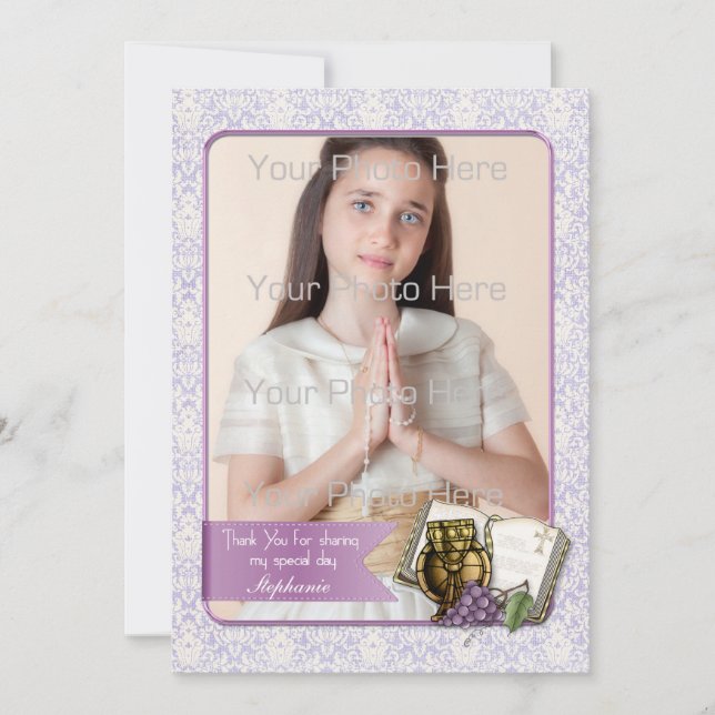 First Communion, Purple Damask Photo Card (Front)