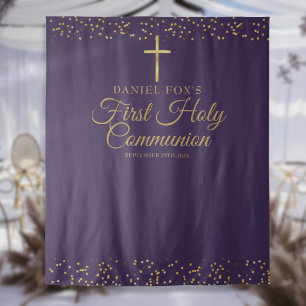 First Communion Purple Gold Photo Backdrop Tapestry