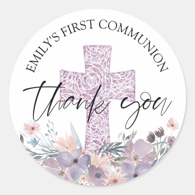First Communion Purple Wildflowers Thank You Classic Round Sticker (Front)