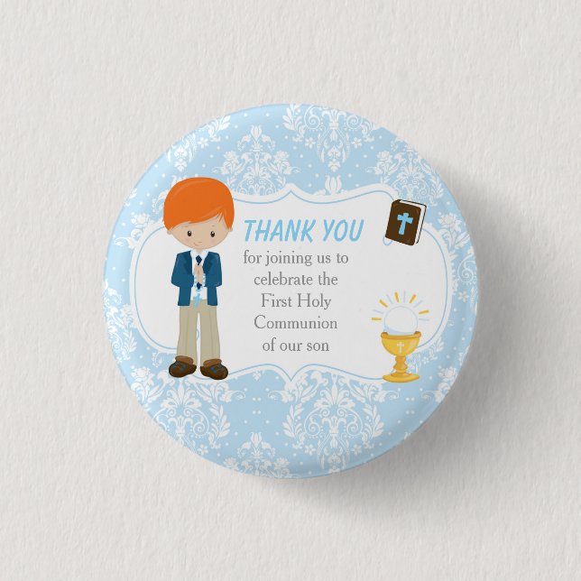 First Communion Red Hair Boy Thank You 3 Cm Round Badge (Front)