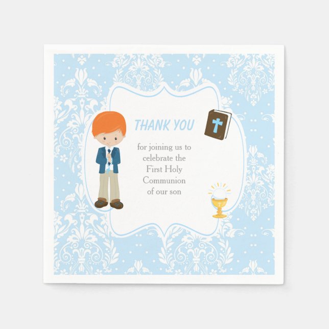 First Communion Red Hair Boy Thank You Napkin (Front)